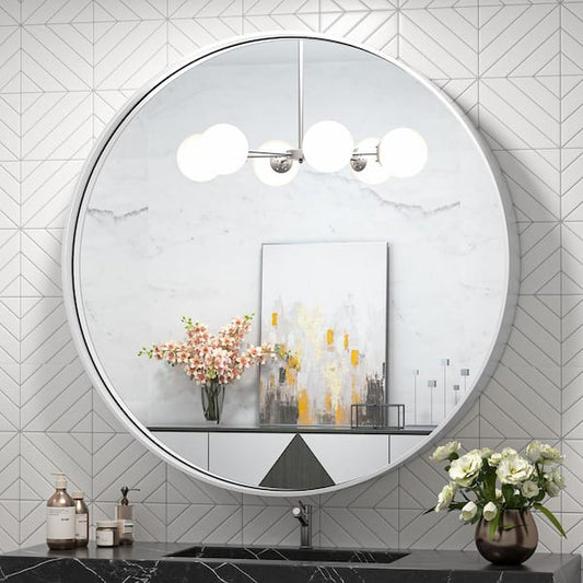 TETOTE 30 in. W x 30 in. H Medium Round Metal Framed Modern Wall Mounted Bathroom Vanity Mirror in Brush Nickel hd-YXJSK-R76bs