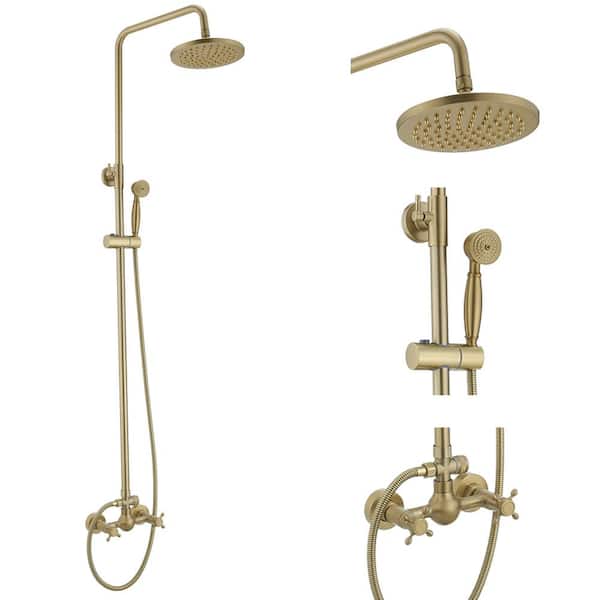 BWE 2-Spray Wall Bar Shower Kit 8 in. Round Rain Shower Head with Hand Shower Brass Pipe 2 Cross Knobs in Brushed Gold A-98023-BG