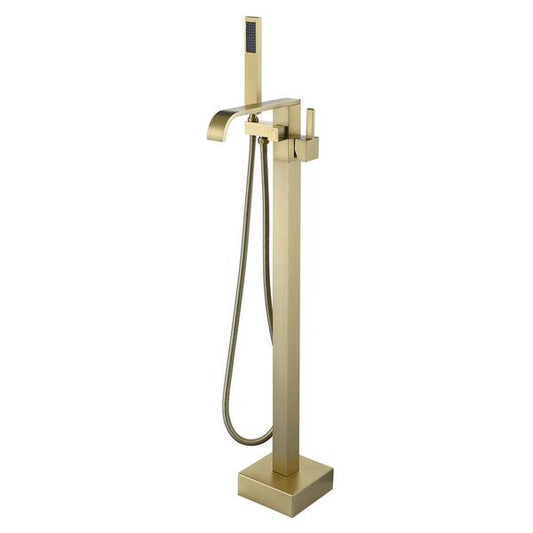 FLG Single-Handle Freestanding Tub Faucet with Hand Shower Modern Brass Waterfall Floor Mount Bathtub Filler in Brushed Gold KK-0186-BG