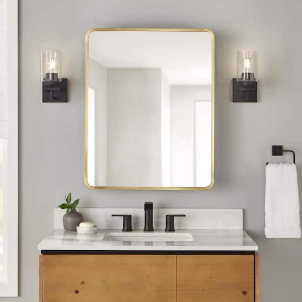 Glacier Bay 24 in. W x 30 in. H Rounded Corner Rectangular Brushed Gold Medicine Cabinet with Mirror EGMST24HD