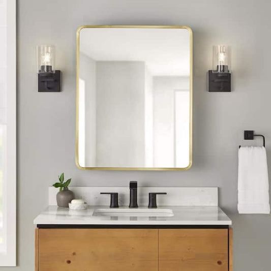 Glacier Bay 24 in. W x 30 in. H Rounded Corner Rectangular Brushed Gold Medicine Cabinet with Mirror EGMST24HD
