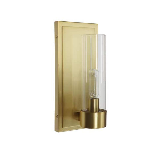 Home Decorators Collection Closmere 5 in. 1-Light Brushed Gold Mid-Century Modern Wall Sconce with Clear Glass Shade HB3696-338