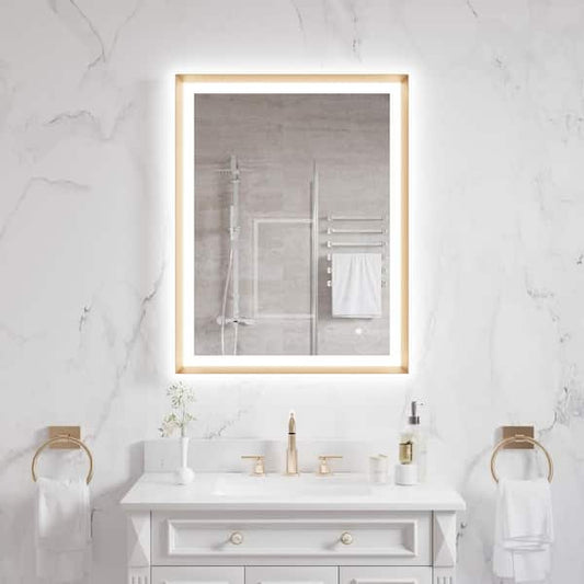 FORCLOVER 28 in. W x 36 in. H Rectangular Framed Beveled Edge Anti-Fog Dimmable Wall Bathroom Vanity Mirror in Brushed Gold MRE-6F2836GD