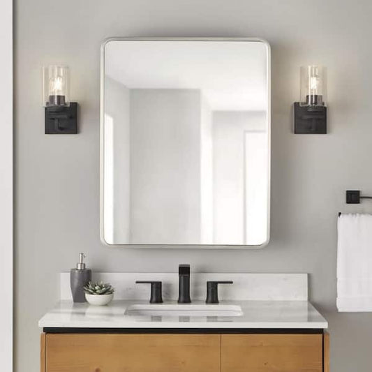 Glacier Bay 24 in. W x 30 in. H Rounded Corner Rectangular Brushed Nickel Medicine Cabinet with Mirror ENMST24HD