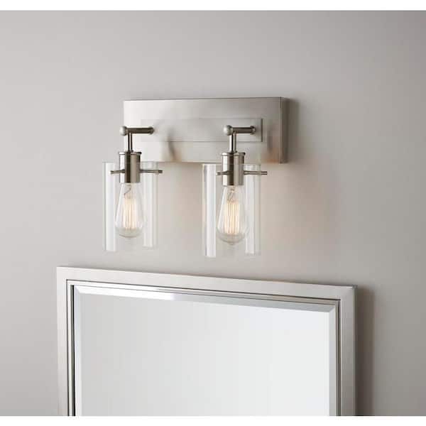 Hampton Bay Regan 12.75 in. 2-Light Brushed Nickel Vanity Light with Clear Glass Shades DS19076