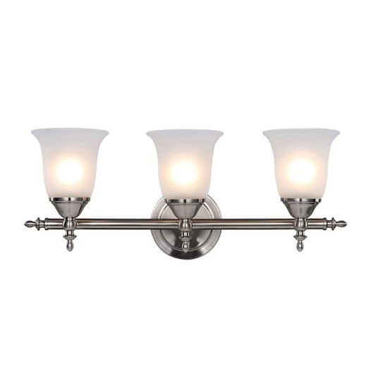 Hampton Bay Olgelthorpe 22 in. 3-Light Brushed Nickel Bathroom Vanity Light Fixture with Bell Shaped Frosted Glass Shades NB39302