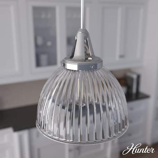 Hunter Cypress Grove 1 Light Brushed Nickel Island Pendant Light with Clear Holophane Glass Shade Dining Room Light 19349