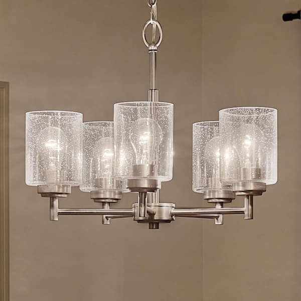 KICHLER Winslow 19.75 in. 5-Light Brushed Nickel Contemporary Shaded Cylinder Chandelier for Dining Room 44030NI