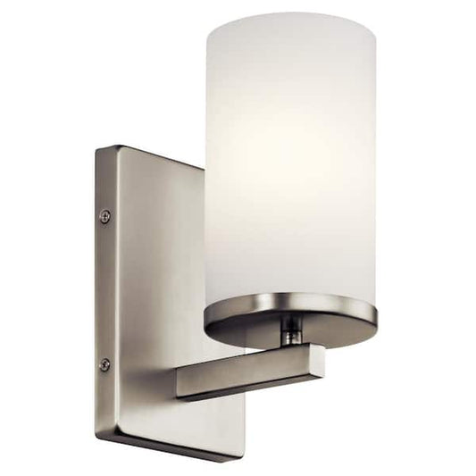 KICHLER Crosby 1-Light Brushed Nickel Bathroom Indoor Wall Sconce Light with Satin Etched Cased Opal Glass Shade 45495NI