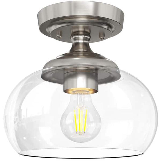 Merra 8.3 in. 1-Light Brushed Nickel Industrial Semi-Flush Mount With Clear Glass Shade for Hallway Kitchen Bedroom Entryway HCF-15M6-NI-BNHD-1