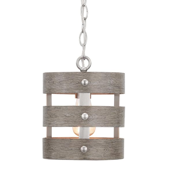 Progress Lighting Gulliver 1-Light Brushed Nickel Mini-Pendant with Weathered Gray Wood Accents P500186-009DI