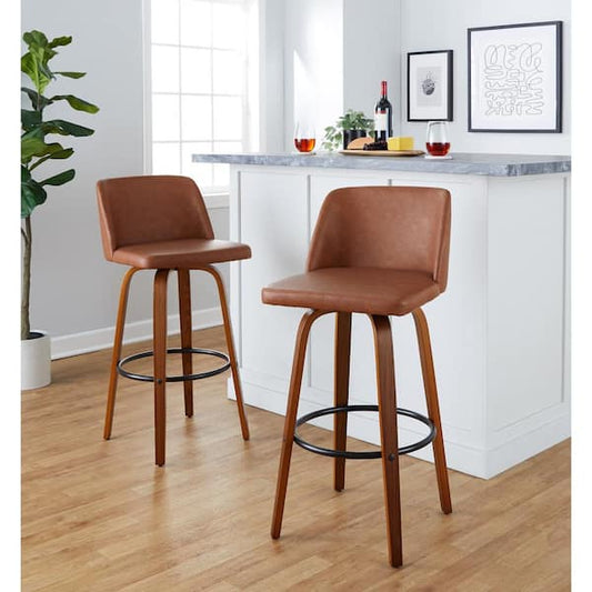 Lumisource Toriano 29.5 in. Camel Faux Leather, Walnut Wood and Black Metal Fixed-Height Bar Stool (Set of 2) B30-TRNOPU-GRTZQ2 WLCAM2