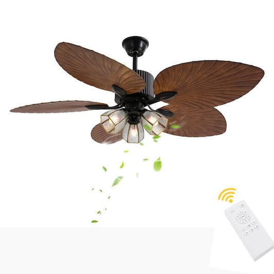 OUKANING 52 in. Indoor Black Modern Ceiling Fan with 5 Brown Tropical Palm Leaf Shaped Blades and Remote, No Bulbs Included HCX186-US-BT