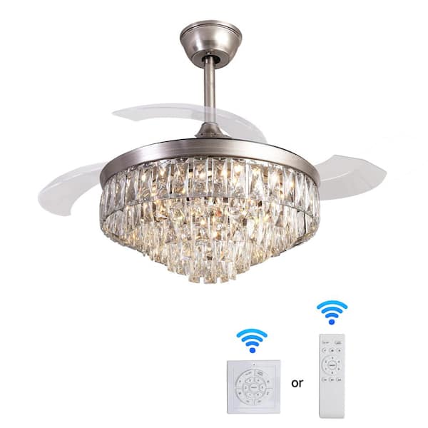 Sunpez 42 in. Indoor Silver Modern Crystal LED Ceiling Fan with Remote and Wall Control, 3-Retractable ABS Blades ME-Y5962W