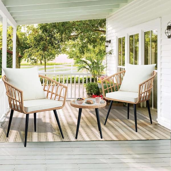 JUSKYS Bohemian 3-Piece Wicker Patio Conversation Set with Beige Cushions AHOY3001