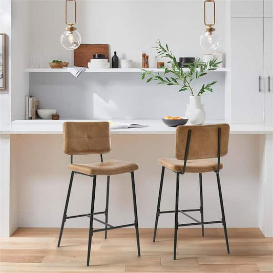 StyleWell 26 in. Blackburn Mid-Century Modern Cognac Faux Leather Counter Stool with Black Metal Frame (Set of 2) 2306270000014