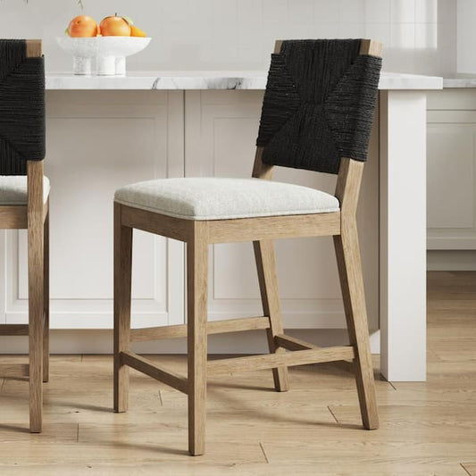 Nathan James Beacon 24 in. Bohemian Boucle Upholstered Wood Counter Height Bar Stool w/Black Seagrass Woven Back, Cream Boucle/Gray 23702