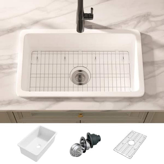 Eridanus Oslo 30 in. Drop-In/Undermount Single Bowl Fireclay Kitchen Sink in Crisp White with Botton Grid and Basket Strainer ERI-DS-164