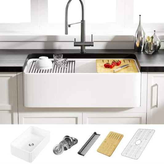 Eridanus Yorkshire Crisp White Fireclay 33 in. Single Bowl Farmhouse Apron Workstation Kitchen Sink with Accessories ERI-FS-145W