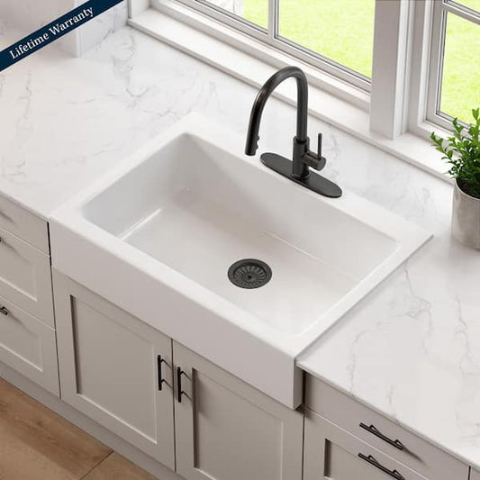 SINKOLOGY Josephine 34 in. 3-Hole Quick-Fit Farmhouse Apron Front Drop-in Single Bowl Crisp White Fireclay Kitchen Sink SK450-34FC