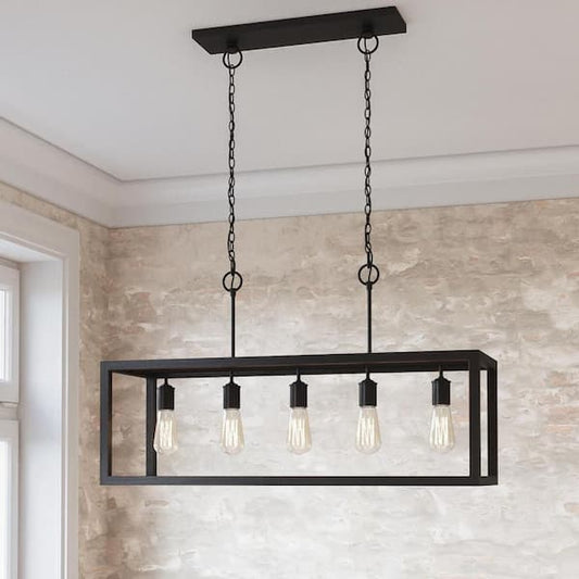 Hampton Bay Boswell Quarter 5-Light Black Industrial Linear Island Hanging Chandelier for Kitchen Islands and Dining 7965HBDBDI