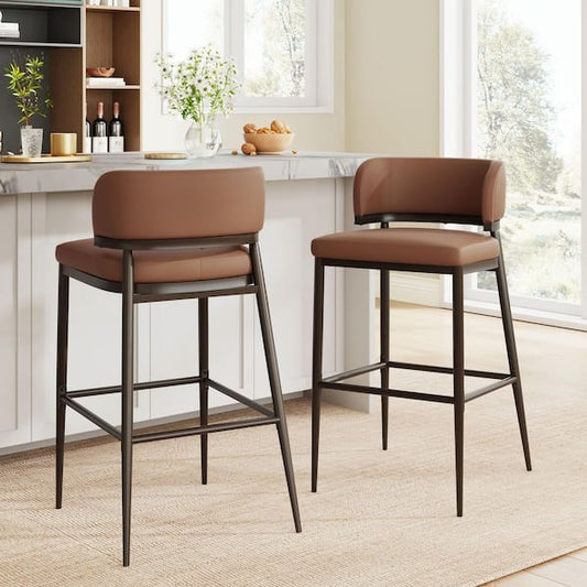 CHRISTOPHER KNIGHT HOME Redford Modern 30 in. Brown Low Back Metal Frame and Leathaire Fabric Upholstered Barstool (Set of 2) 131335