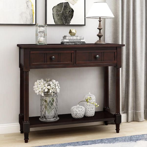 Harper & Bright Designs 36 in. Espresso Standard Rectangle Wood Console Table with 2-Drawers WF191267AAB