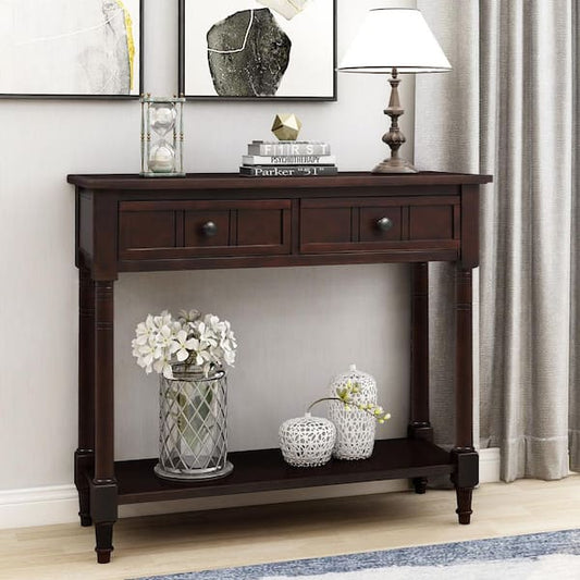 Harper & Bright Designs 36 in. Espresso Standard Rectangle Wood Console Table with 2-Drawers WF191267AAB