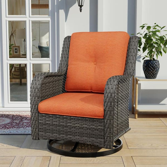 Gardenbee Wicker Outdoor Patio Swivel Rocking Chair with Orange Cushions (1-Pack) M81-ORG-HDGB