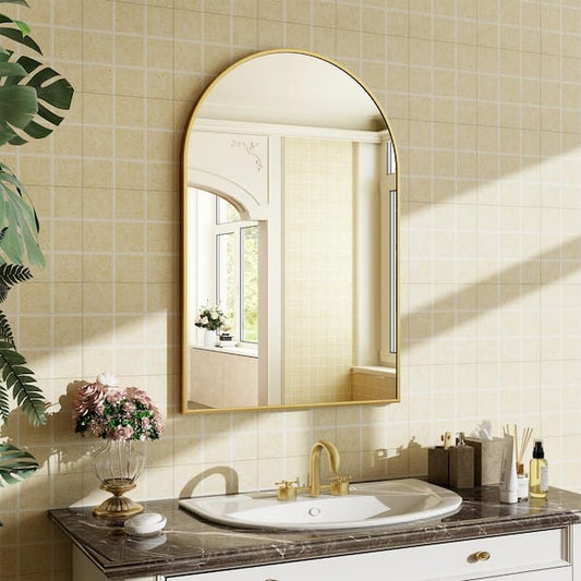 GLSLAND 24 in. W x 36 in. H Arched Metal Framed Wall Bathroom Vanity Mirror Gold A2436GAC