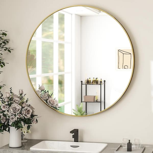 GLSLAND 24 in. W x 24 in. H Round Metal Framed Wall Bathroom Vanity Mirror Gold A24GRM