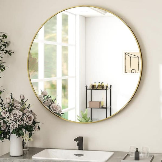 GLSLAND 24 in. W x 24 in. H Round Metal Framed Wall Bathroom Vanity Mirror Gold A24GRM