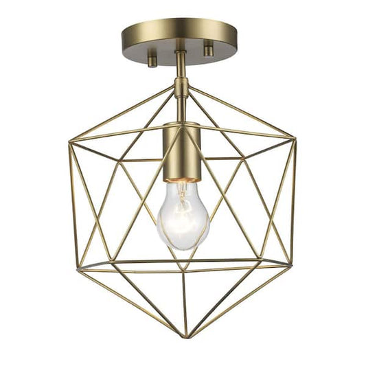 Hampton Bay Winfield 9.5 in. 1-Light Gold Semi-Flush Mount Ceiling Light Fixture with Geometric Cage RS2104101