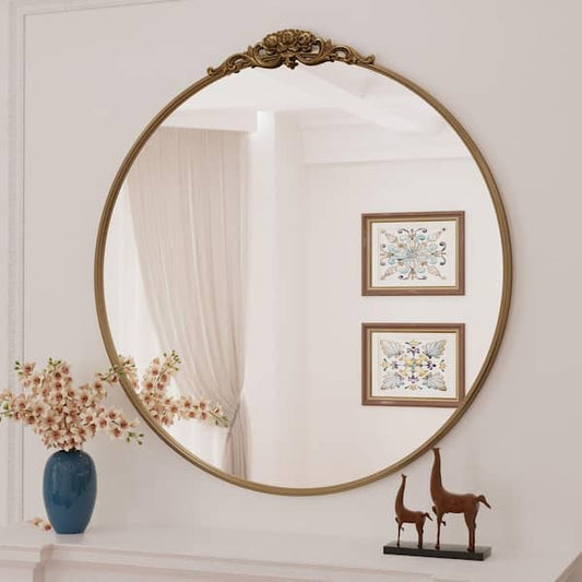 KeonJinn 24 in. H x 24 in. W Medium Frame Round Gold Antiqued Classic Accent Mirror Bathroom Vanity Mirror HD-YXFD-R60-GD