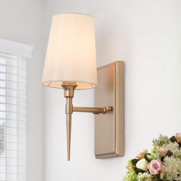LNC Modern Classic 1-Light Gold 4.7 in. W Wall Sconce Powder Room Bathroom Armed Wall Light with Bell Fabric Shade 2UI7BBHD14033F7
