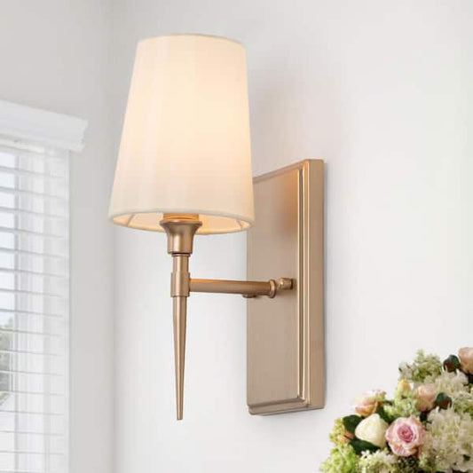 LNC Modern Classic 1-Light Gold 4.7 in. W Wall Sconce Powder Room Bathroom Armed Wall Light with Bell Fabric Shade 2UI7BBHD14033F7