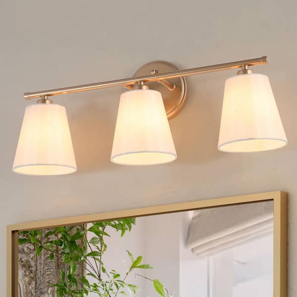 Uolfin Modern Farmhouse Gold Wall Sconce, 20.1 in. 3-Light Bathroom Vanity Light with Fabric Shades A7BN3YHD23855AF