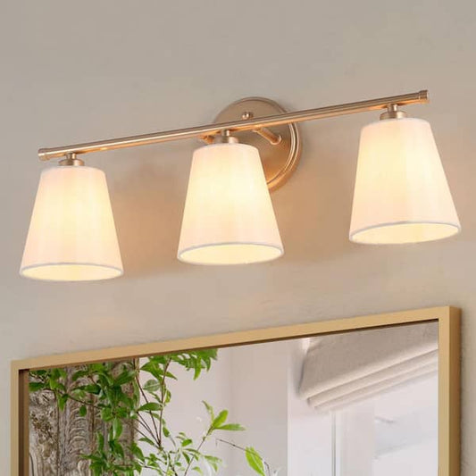 Uolfin Modern Farmhouse Gold Wall Sconce, 20.1 in. 3-Light Bathroom Vanity Light with Fabric Shades A7BN3YHD23855AF