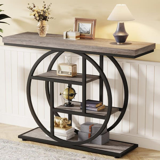 BYBLIGHT Turrella 41.3 in. Gray Rectangle Wood Console Table, Industrial 4-Tier Sofa Table Entryway Table with Circle Bas BB-JW0694CT