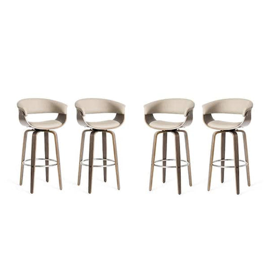 Glitzhome 40.5 in. H Mid-Century Modern Gray PU Leather/Oak Bentwood Swivel Chair Low Back Bar Stool (Set of 4) 2026100006