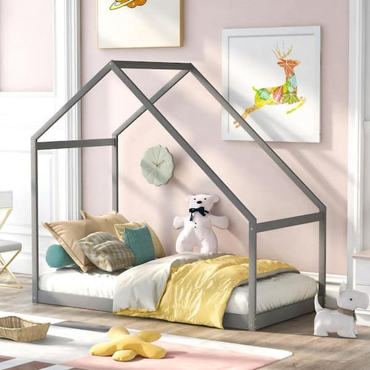 Harper & Bright Designs Gray Twin Size Wood House Bed Kids Bed QMY157AAE