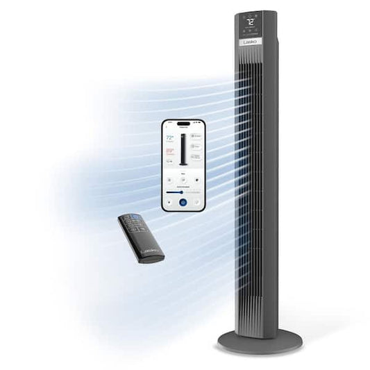 Lasko Xtra Air 48 in. 12-Speed Smart Tower Fan in Gray w/ DC Motor, Works w/ Alexa, Google, Whisper Quiet, Remote, 12 in. Dia TDC487S