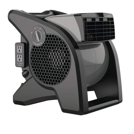 Lasko Pivoting 11.2 in. 3 Speed High Velocity Blower Fan for Home, Job Site in Gray, 375 CFM, 2 120V Outlets, Circuit Breaker U15610