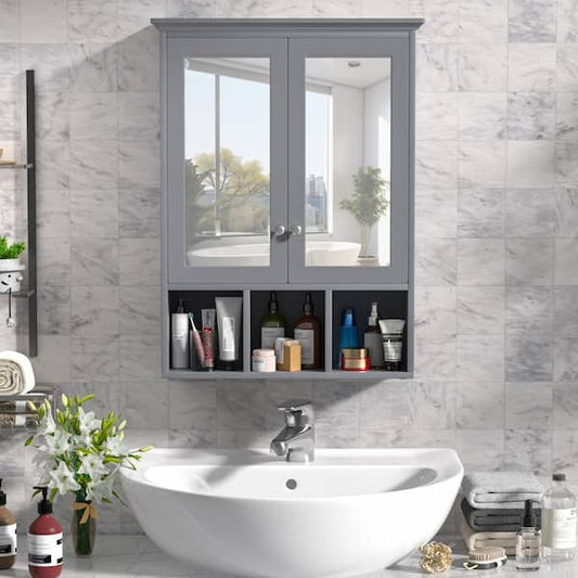 VEIKOUS 23.6 in. W x 30.4 in. H Rectangular Surface-Mount Bathroom Medicine Cabinet with Mirrors and Shelves in Gray HP0902-01GY-M