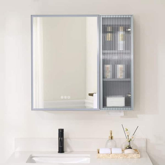 WELLFOR 30 in. W x 28 in. H Rectangular Dimmable Anti-fog LED Wood Surface Mount Medicine Cabinet with Mirror in Gray FL30MCL-GY