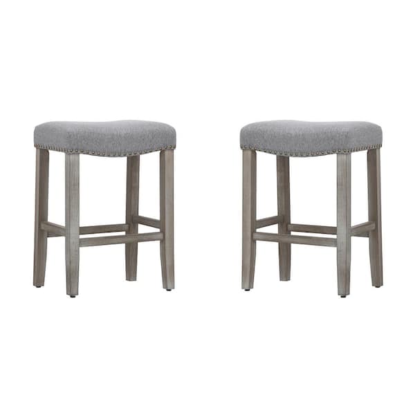 WESTINFURNITURE Jameson 24 in. Counter Height Antique Gray Wood Backless Barstool with Gray Linen Saddle Seat (Set of 2) ID401-24-AG-GY-2