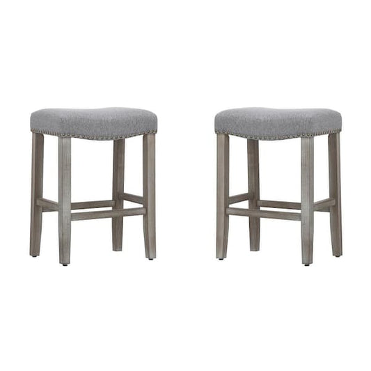 WESTINFURNITURE Jameson 24 in. Counter Height Antique Gray Wood Backless Barstool with Gray Linen Saddle Seat (Set of 2) ID401-24-AG-GY-2