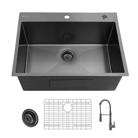 Glacier Bay 30 in. Drop-In Single Bowl 18 Gauge Gunmetal Black Stainless Steel Kitchen Sink with Black Spring Neck Faucet ACS3022A1T-F