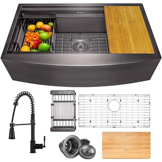 AKDY All-in-One Matte Black Finished Stainless Steel 33 in. x 20 in. Farmhouse Apron Mount Kitchen Sink with Faucet KS0509-KF12