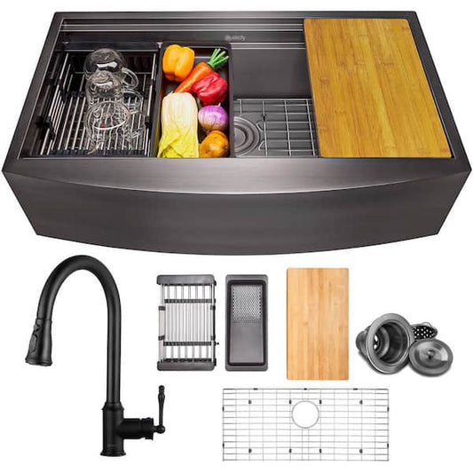 AKDY All-in-One Matte Black Finished Stainless Steel 33 in. x 22 in. Farmhouse Apron Mount Kitchen Sink with Pull-down Faucet KS0532-KF9